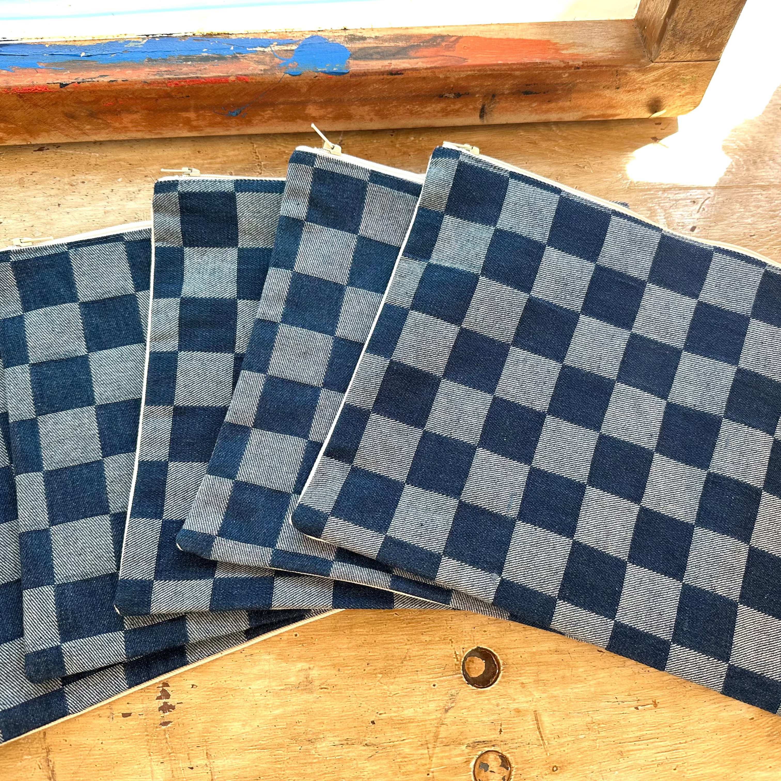 Denim Checkered Cosmetic Bag